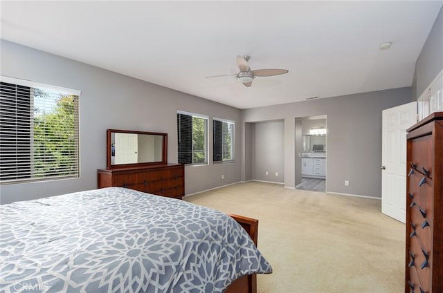 38919 Hickory Hill Ct, Murrieta, CA 92563 - bedroom featuring light carpet, a ceiling fan, and connected bathroom
