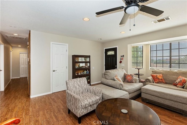 9614 Peach Ave, Hesperia, CA 92345 - living room featuring wood finished floors, a ceiling fan, and recessed lighting