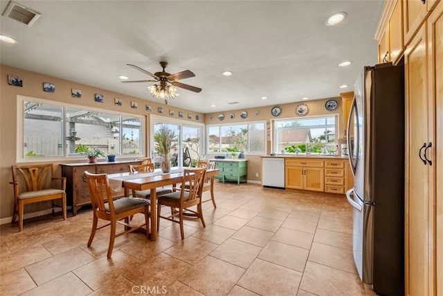 20121 Swansea Ln, Huntington Beach, CA 92646 - dining space with recessed lighting, a ceiling fan, baseboards, and light tile patterned flooring