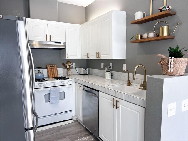 26959 Hillsborough Pkwy, Unit Valencia, CA 91354 - kitchen with stainless steel appliances, under cabinet range hood, light countertops, and white cabinetry