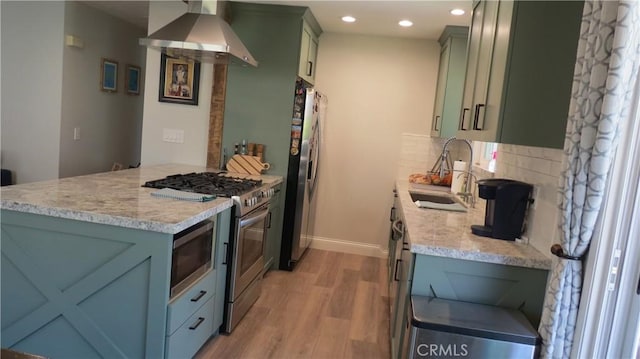6214 Granby Ave, Rancho Cucamonga, CA 91737 - kitchen featuring light wood-type flooring, stainless steel appliances, a sink, decorative backsplash, and baseboards