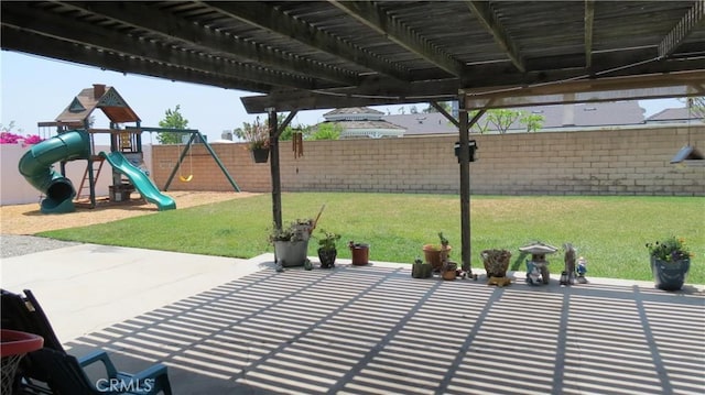 6214 Granby Ave, Rancho Cucamonga, CA 91737 - view of patio with a playground and a pergola
