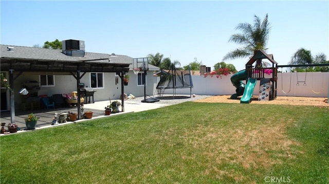 6214 Granby Ave, Rancho Cucamonga, CA 91737 - view of yard with a trampoline, a playground, central AC unit, a patio, and a pergola