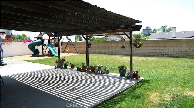 6214 Granby Ave, Rancho Cucamonga, CA 91737 - view of patio with a playground and a pergola