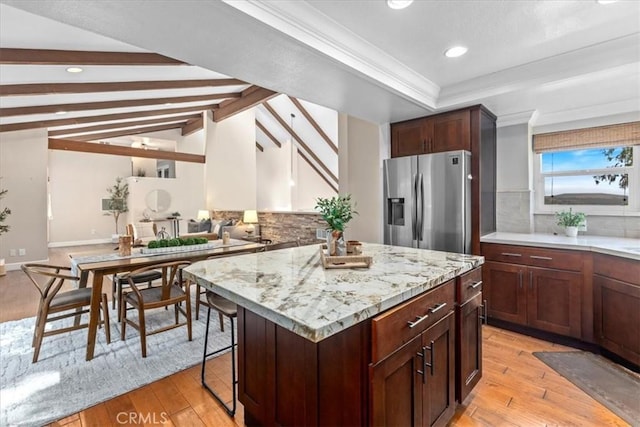 2363 Via Cielo, Hacienda Heights, CA 91745 - kitchen featuring stainless steel fridge with ice dispenser, light wood-style flooring, backsplash, recessed lighting, and crown molding