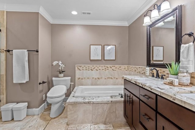 2363 Via Cielo, Hacienda Heights, CA 91745 - full bathroom with toilet, crown molding, a garden tub, and double vanity