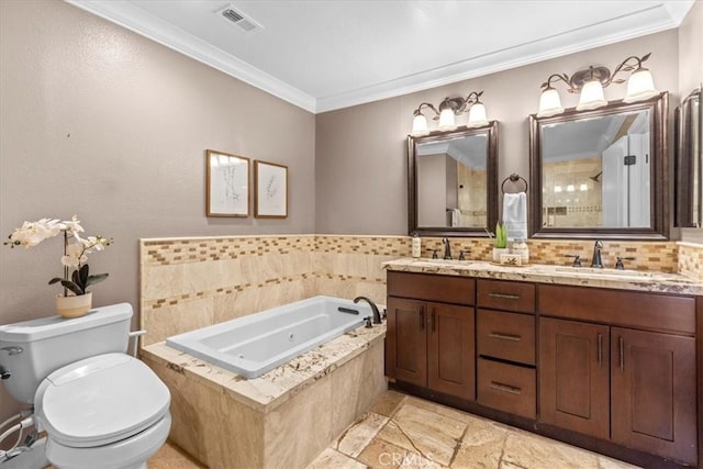 2363 Via Cielo, Hacienda Heights, CA 91745 - bathroom featuring double vanity, a whirlpool tub, toilet, ornamental molding, and stone tile flooring