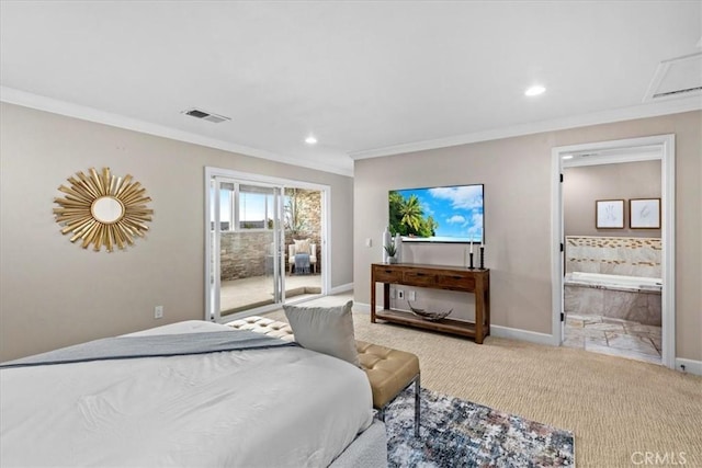 2363 Via Cielo, Hacienda Heights, CA 91745 - carpeted bedroom featuring ornamental molding, access to outside, baseboards, recessed lighting, and ensuite bath