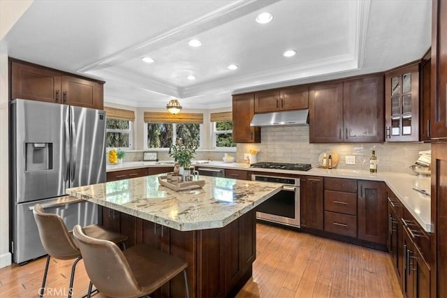 2363 Via Cielo, Hacienda Heights, CA 91745 - kitchen with appliances with stainless steel finishes, a tray ceiling, under cabinet range hood, light wood finished floors, and ornamental molding