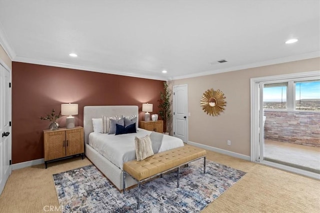 2363 Via Cielo, Hacienda Heights, CA 91745 - bedroom with crown molding, light carpet, access to exterior, recessed lighting, and baseboards