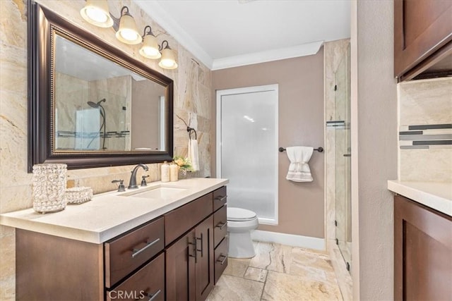 2363 Via Cielo, Hacienda Heights, CA 91745 - full bathroom featuring vanity, stone tile floors, toilet, a shower stall, and crown molding