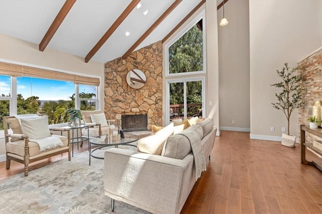 2363 Via Cielo, Hacienda Heights, CA 91745 - living area with high vaulted ceiling, a fireplace, beam ceiling, wood finished floors, and baseboards