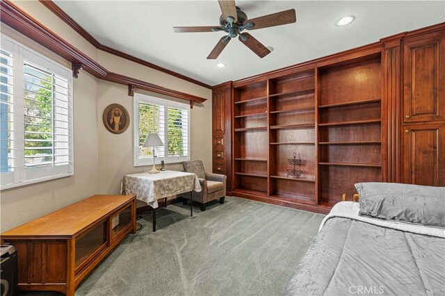 28642 Apricot Pl, Saugus, CA 91390 - living area featuring ornamental molding, carpet flooring, ceiling fan, and recessed lighting