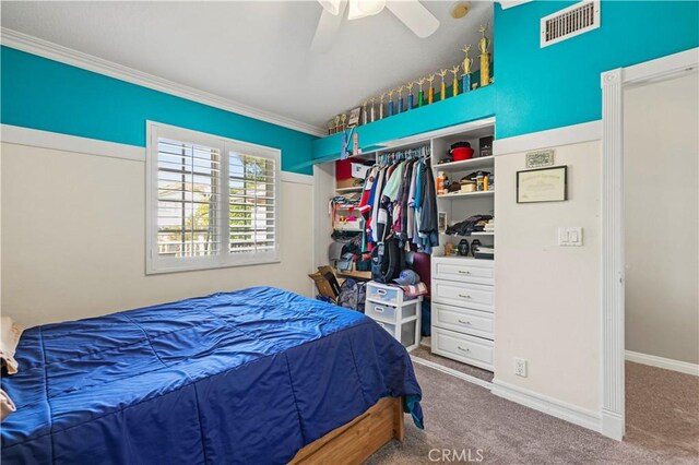 28642 Apricot Pl, Saugus, CA 91390 - carpeted bedroom featuring crown molding, a closet, ceiling fan, and baseboards