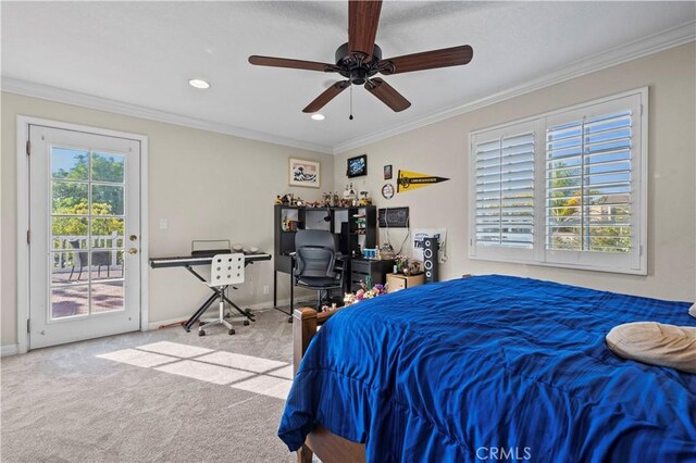 28642 Apricot Pl, Saugus, CA 91390 - bedroom with access to exterior, carpet, baseboards, ornamental molding, and recessed lighting