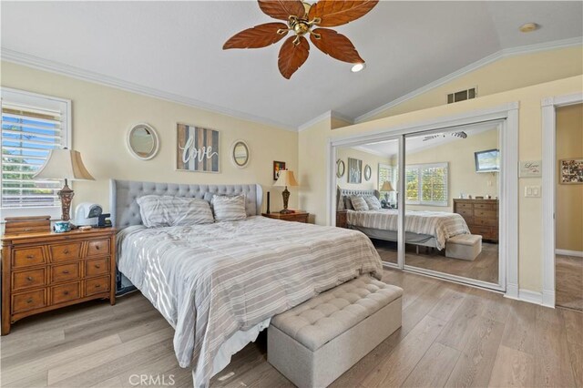 28642 Apricot Pl, Saugus, CA 91390 - bedroom featuring vaulted ceiling, light wood-style flooring, ornamental molding, a ceiling fan, and baseboards