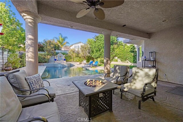28642 Apricot Pl, Saugus, CA 91390 - view of patio / terrace with a fire pit, ceiling fan, and an outdoor pool