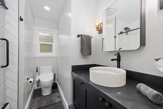 3984 Scott Dr, Carlsbad, CA 92008 - full bath with vanity, toilet, a tile shower, and tile patterned floors