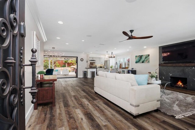 3984 Scott Dr, Carlsbad, CA 92008 - living area with ornamental molding, ceiling fan, a fireplace, recessed lighting, and dark wood finished floors