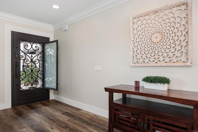 3984 Scott Dr, Carlsbad, CA 92008 - foyer entrance with crown molding, dark wood-style flooring, baseboards, and recessed lighting