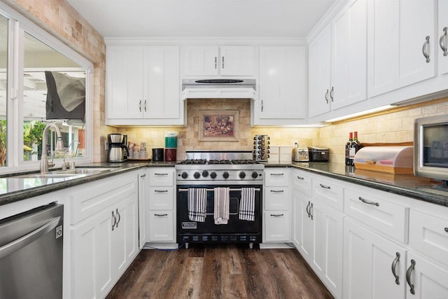3984 Scott Dr, Carlsbad, CA 92008 - kitchen with stainless steel appliances, custom exhaust hood, a sink, white cabinets, and tasteful backsplash