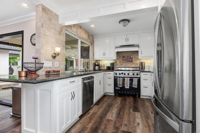 3984 Scott Dr, Carlsbad, CA 92008 - kitchen featuring appliances with stainless steel finishes, a peninsula, premium range hood, a sink, and decorative backsplash
