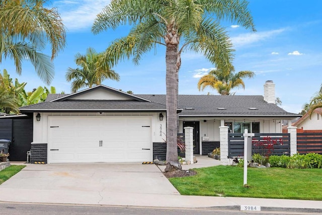 3984 Scott Dr, Carlsbad, CA 92008 - single story home featuring a garage, driveway, a chimney, board and batten siding, and roof with shingles