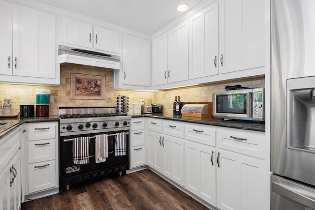 3984 Scott Dr, Carlsbad, CA 92008 - kitchen featuring appliances with stainless steel finishes, premium range hood, white cabinets, backsplash, and dark wood-type flooring
