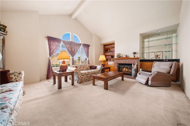 15202 El Selinda Dr, Hacienda Heights, CA 91745 - living area with carpet, beamed ceiling, high vaulted ceiling, and a fireplace