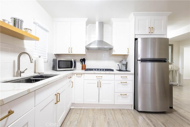 3720 S St Andrews Pl, Los Angeles, CA 90018 - kitchen with appliances with stainless steel finishes, wall chimney range hood, backsplash, and white cabinets