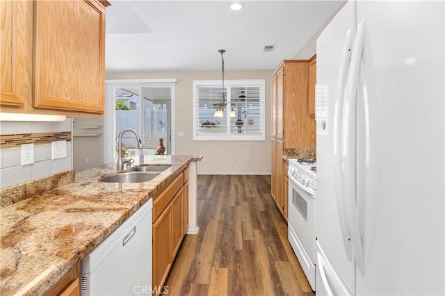 730 Zaphiro Ct, San Jacinto, CA 92583 - kitchen with white appliances, a sink, dark wood-style flooring, light stone countertops, and baseboards