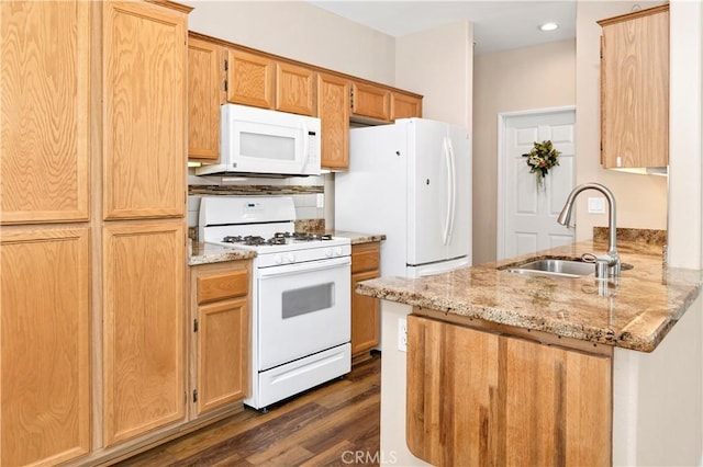 730 Zaphiro Ct, San Jacinto, CA 92583 - kitchen featuring white appliances, a sink, a peninsula, dark wood-style flooring, and light stone counters