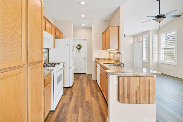 730 Zaphiro Ct, San Jacinto, CA 92583 - kitchen with white appliances, a sink, wood finished floors, light stone countertops, and ceiling fan