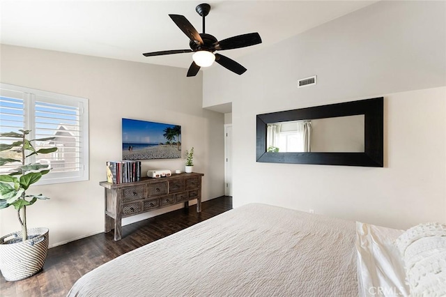 2191 Canyon Unit C103, Costa Mesa, CA 92627 - bedroom with wood finished floors, a ceiling fan, baseboards, and high vaulted ceiling
