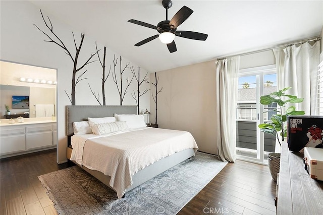 2191 Canyon Unit C103, Costa Mesa, CA 92627 - bedroom with dark wood finished floors, connected bathroom, ceiling fan, and vaulted ceiling