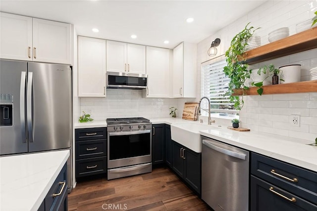 2191 Canyon Unit C103, Costa Mesa, CA 92627 - kitchen featuring stainless steel appliances, open shelves, white cabinets, and recessed lighting