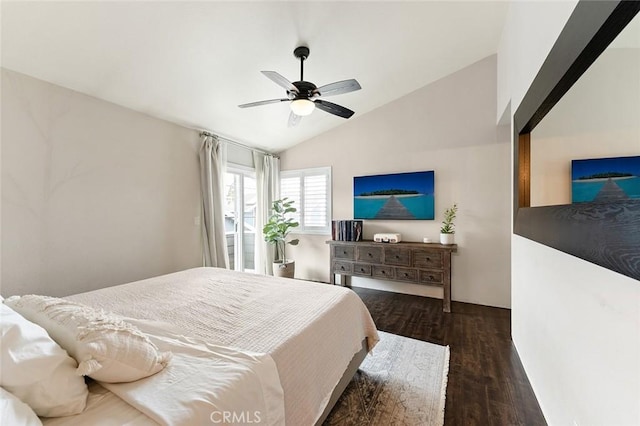 2191 Canyon Unit C103, Costa Mesa, CA 92627 - bedroom with vaulted ceiling, wood finished floors, and ceiling fan