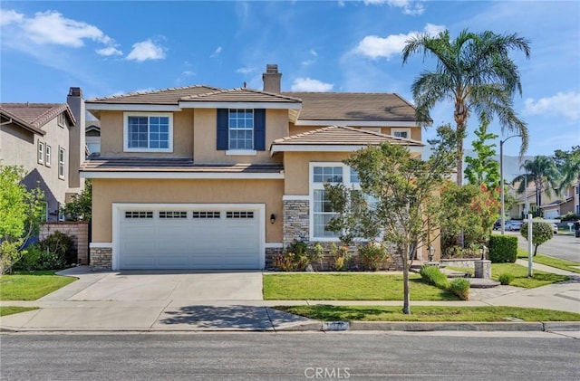 11376 Starlight Dr, Rancho Cucamonga, CA 91701 - traditional-style house with a garage, stone siding, stucco siding, concrete driveway, and a chimney