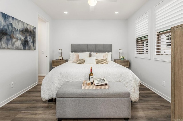 1003 Overton Ct, Tustin, CA 92780 - bedroom with dark wood finished floors, baseboards, recessed lighting, and a ceiling fan
