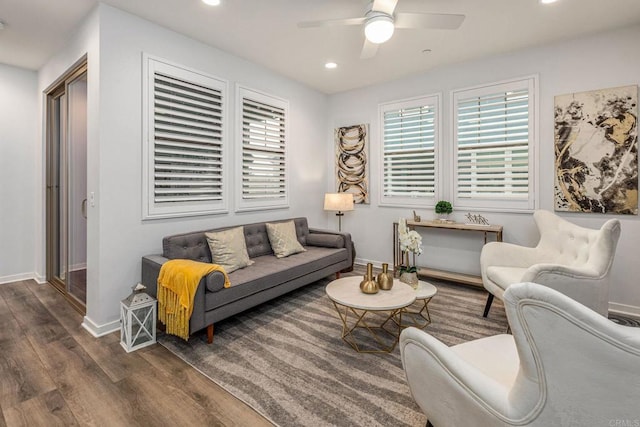 1003 Overton Ct, Tustin, CA 92780 - living area with wood finished floors, a ceiling fan, recessed lighting, and baseboards