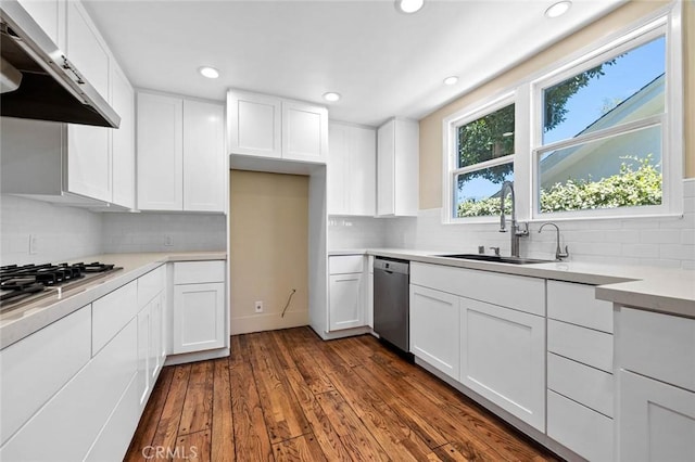 15454 Sutton St, Sherman Oaks, CA 91403 - kitchen with stainless steel appliances, under cabinet range hood, a sink, dark wood finished floors, and decorative backsplash