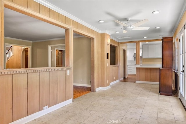 15454 Sutton St, Sherman Oaks, CA 91403 - unfurnished living room with ceiling fan, crown molding, recessed lighting, and baseboards