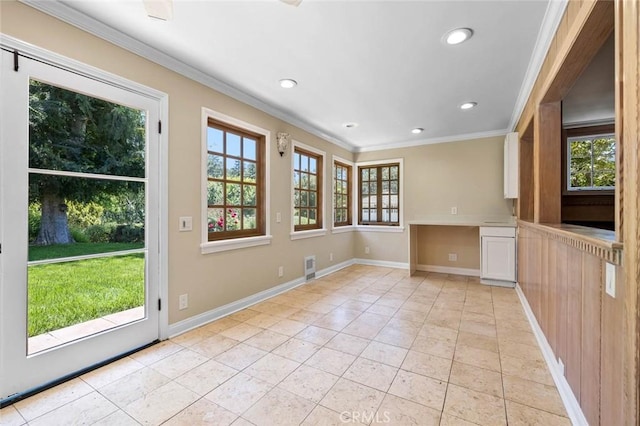 15454 Sutton St, Sherman Oaks, CA 91403 - unfurnished dining area with crown molding, light tile patterned floors, recessed lighting, and baseboards
