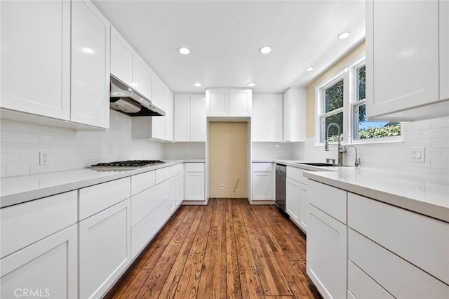 15454 Sutton St, Sherman Oaks, CA 91403 - kitchen featuring under cabinet range hood, a sink, stainless steel appliances, white cabinetry, and recessed lighting