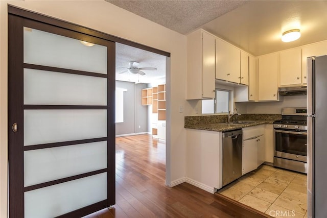 1422 Rock Glen Ave Unit 210, Glendale, CA 91205 - kitchen featuring appliances with stainless steel finishes, a textured ceiling, light wood-style flooring, a ceiling fan, and under cabinet range hood