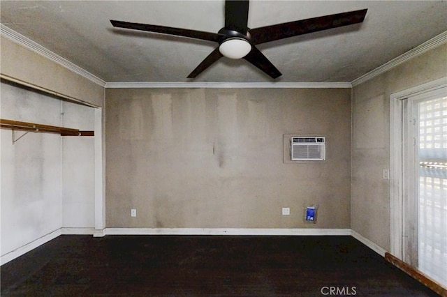 60220 Chalet Dr, Mountain Center, CA 92561 - empty room featuring ornamental molding, baseboards, a ceiling fan, and a wall mounted air conditioner