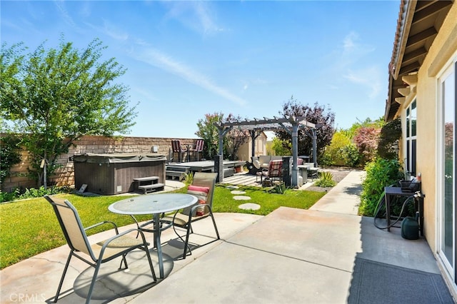 6875 Adainville Dr, Palmdale, CA 93552 - fenced backyard featuring a hot tub, a patio area, and a pergola