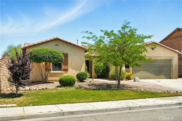 6875 Adainville Dr, Palmdale, CA 93552 - mediterranean / spanish-style home featuring driveway, a garage, a front yard, and stucco siding