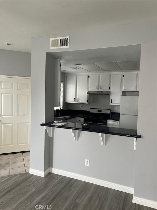 4816 S Fork Rd, Chino, CA 91719 - kitchen featuring gas stove, refrigerator, dark countertops, under cabinet range hood, and dark wood-type flooring