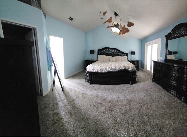 15009 Hopland St, Victorville, CA 92394 - bedroom with vaulted ceiling, carpet floors, baseboards, and a ceiling fan